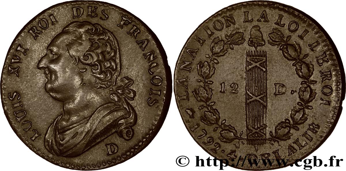 LOUIS XVI (MONARQUE CONSTITUTIONNEL)  12 deniers dit  au faisceau , type FRANÇOIS 1792 Lyon TTB+