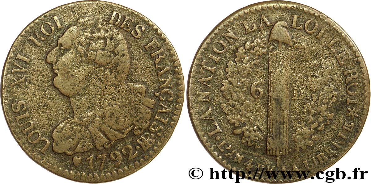 LOUIS XVI 6 deniers dit  au faisceau , type FRANÇAIS 1792 Strasbourg VF