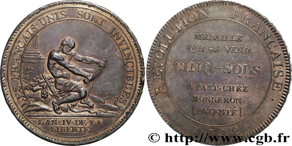 REVOLUTION COINAGE Monneron de 5 sols à l Hercule, frappe monnaie 1792 Birmingham, Soho fVZ