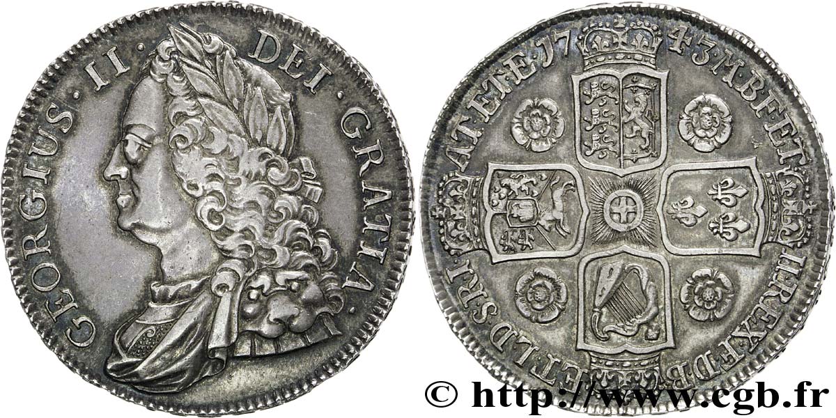 GRANDE-BRETAGNE - GEORGES II Crown (couronne) vieille tête 1743 Londres TTB+