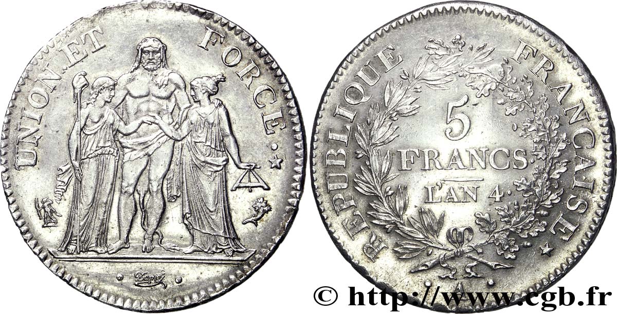 5 francs Union et Force, Union serré, avec glands intérieurs et gland extérieur 1796 Paris F.288/2 VZ 