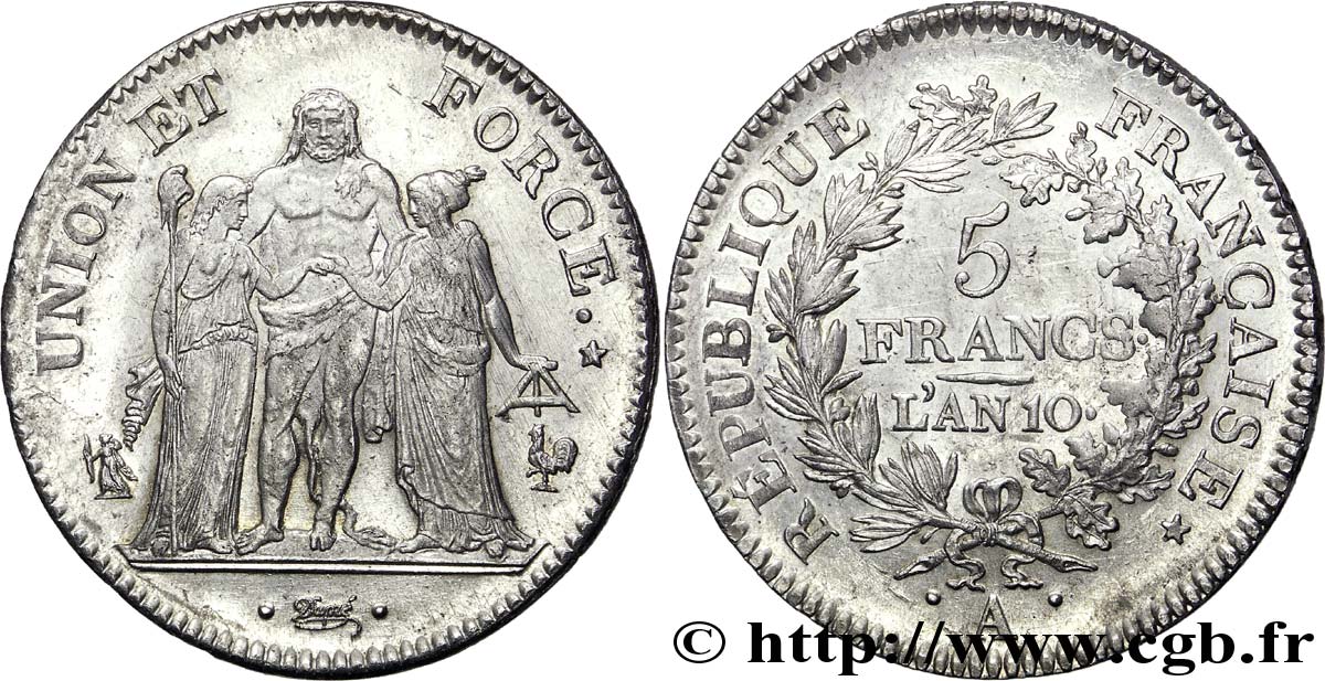 5 francs Union et Force, Union serré, seulement glands intérieurs 1802 Paris F.288/169 AU 