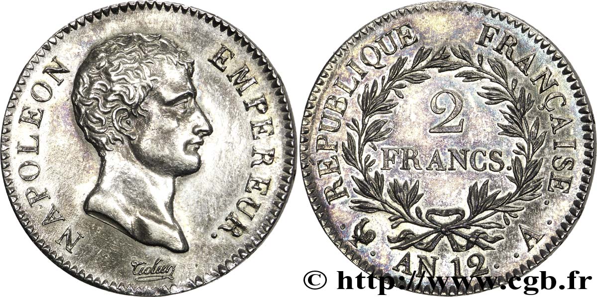 2 francs Napoléon Empereur, Calendrier révolutionnaire 1804 Paris F.251/1 VZ 
