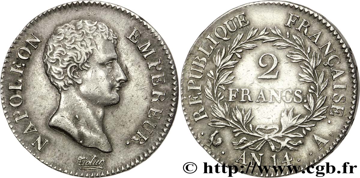 2 francs Napoléon Empereur, Calendrier révolutionnaire 1805 Paris F.251/27 VZ 