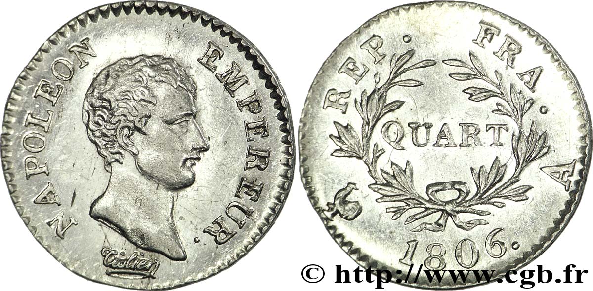 Quart de franc Napoléon Empereur, Calendrier grégorien 1806 Paris F.159/1 VZ 