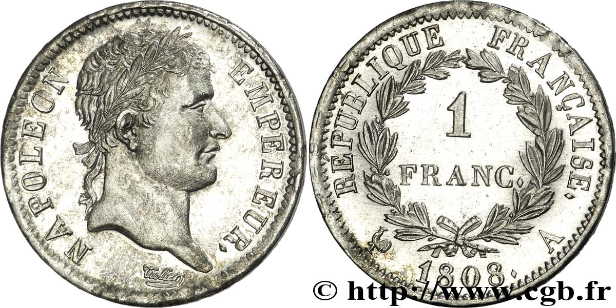 1 franc Napoléon Ier tête laurée, République française 1808 Paris F.204/2 VZ 