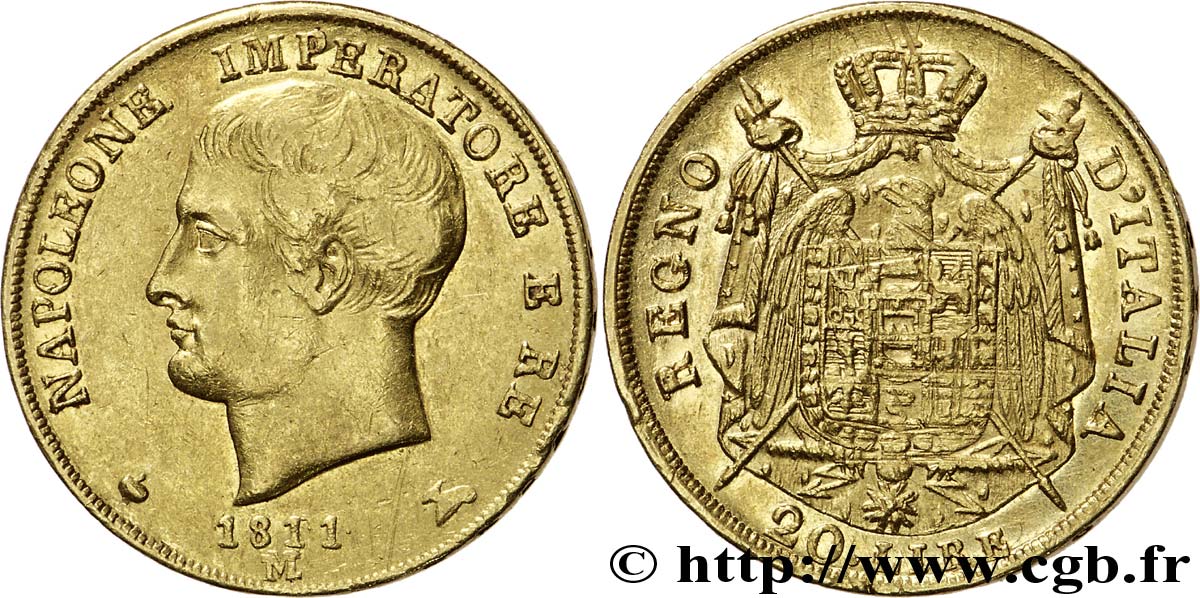 20 lires en or, 2e type, tranche en creux 1811 Milan VG.1360  EBC 