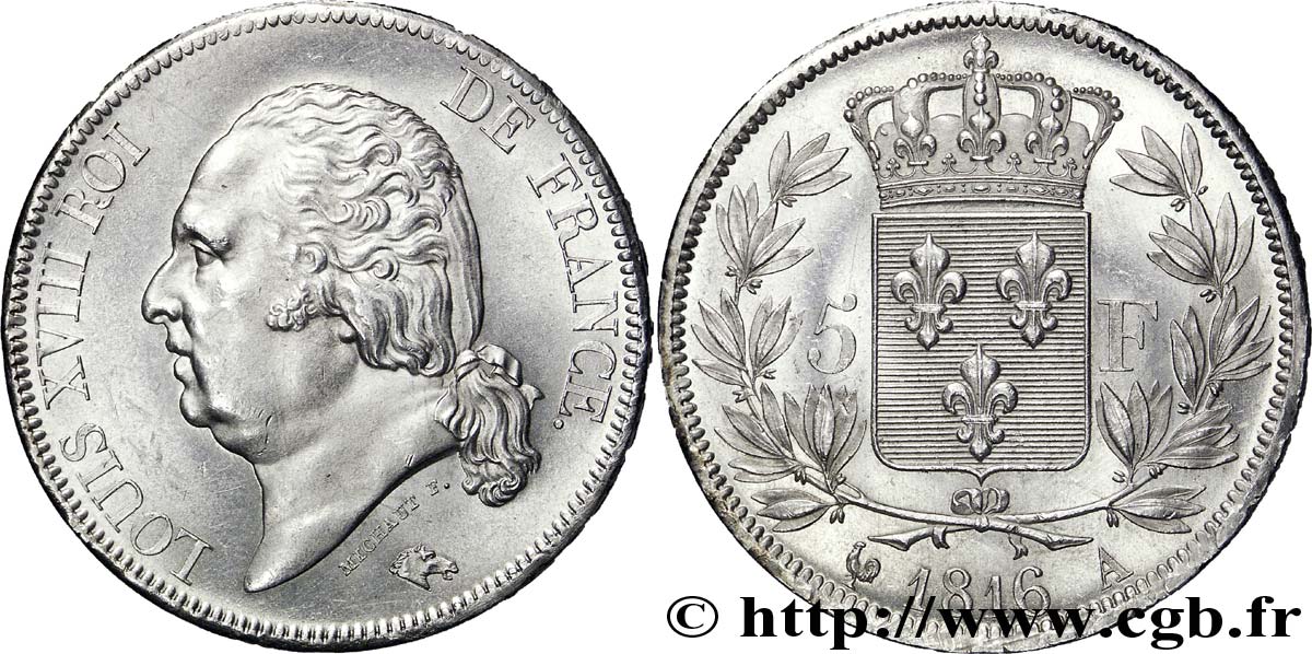 5 francs Louis XVIII, tête nue 1816  Paris F.309/1 AU 