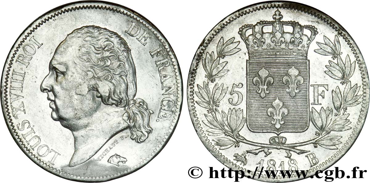 5 francs Louis XVIII, tête nue 1818 Rouen F.309/29 EBC 