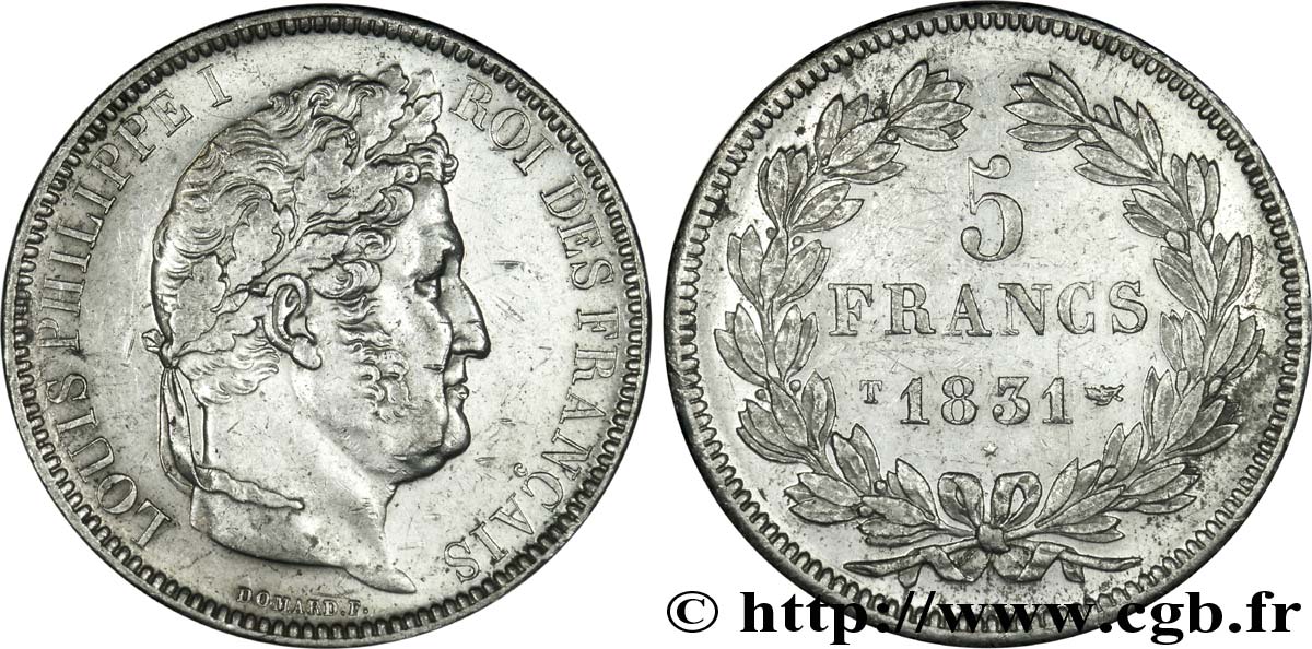 5 francs Ier type Domard, tranche en relief 1831 Nantes F.320/12 SUP 