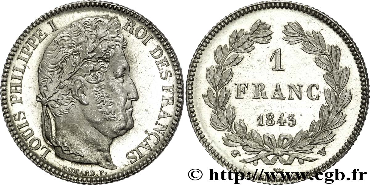 1 franc Louis-Philippe, couronne de chêne 1845 Lille F.210/104 VZ 