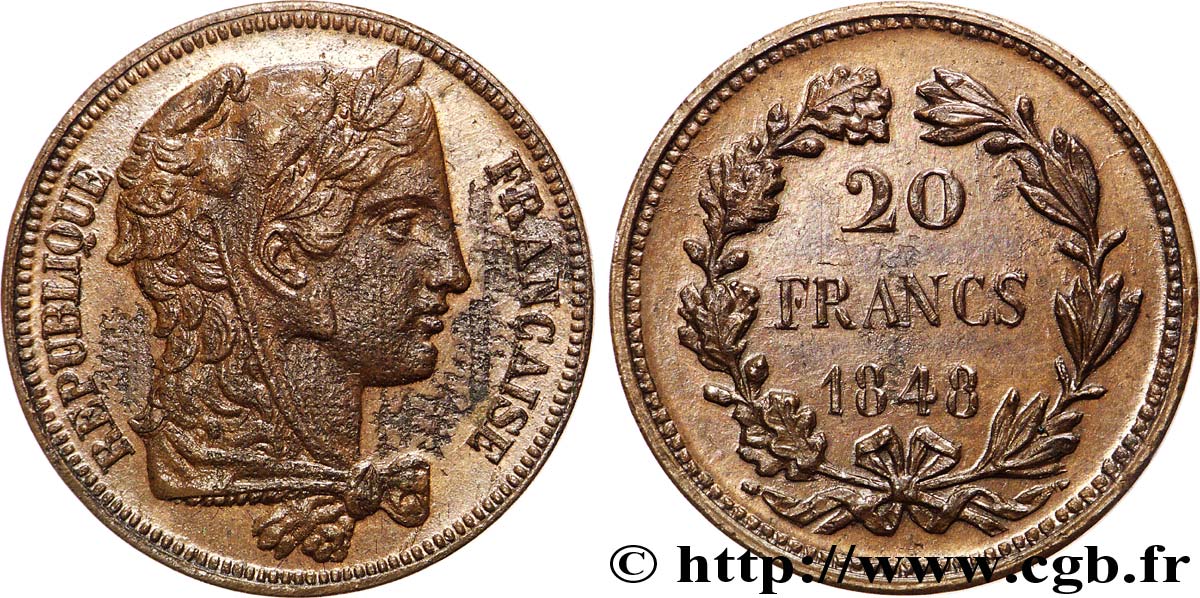 Concours de 20 francs, piéfort de Gayrard, tranche lisse 1848 Paris VG.3025 var. SPL 