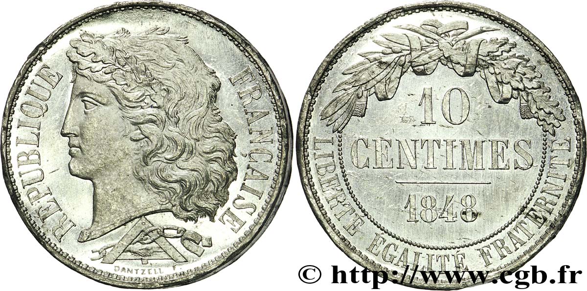 Concours de 10 centimes, piéfort au double d’épaisseur de Dantzell 1848 Paris VG.3135 var. VZ 