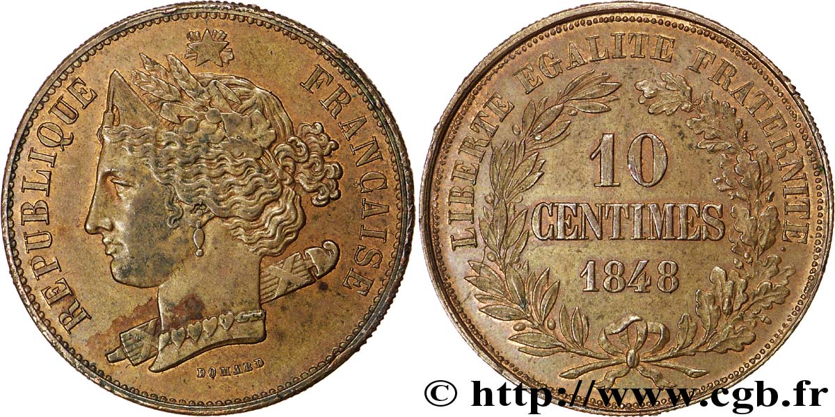 Concours de 10 centimes, piéfort quadruple de Domard, tranche inscrite 1848 Paris VG.3138 var. SUP 