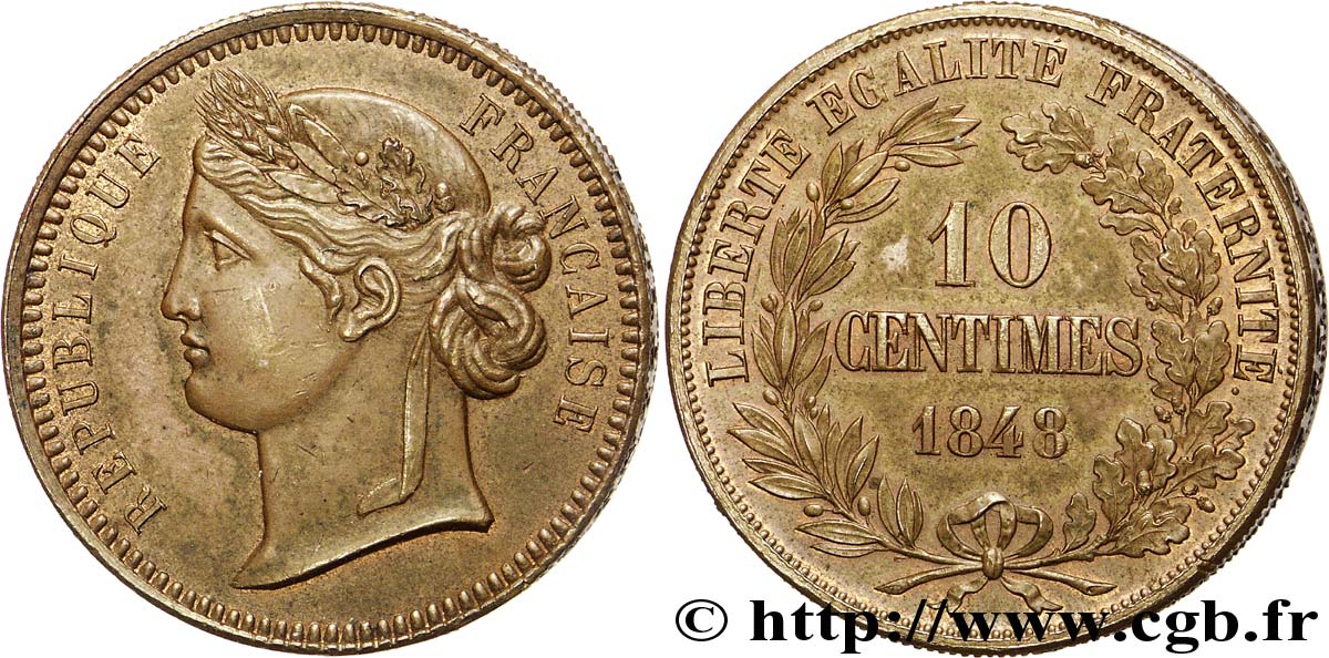 Concours de 10 centimes, piéfort quadruple de Reynaud, hors concours et modifié, tranche inscrite 1848 Paris VG.3173 var. SUP 