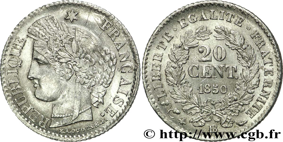 20 centimes Cérès, IIe République 1850 Strasbourg F.146/4 AU 