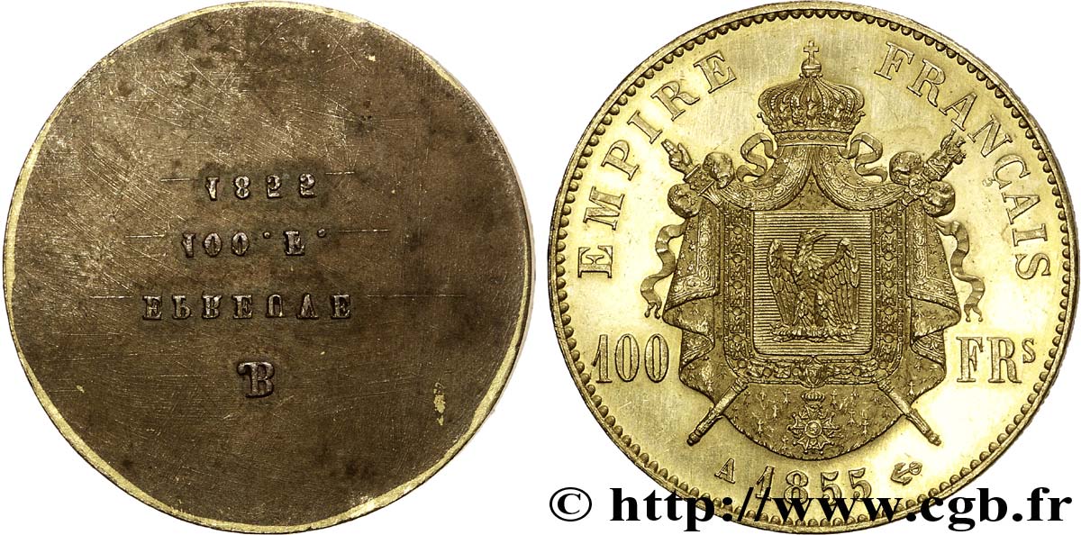 Essai de frappe de revers de 100 francs or Napoléon III tête nue 1855 Paris F.550/1 var. SC 
