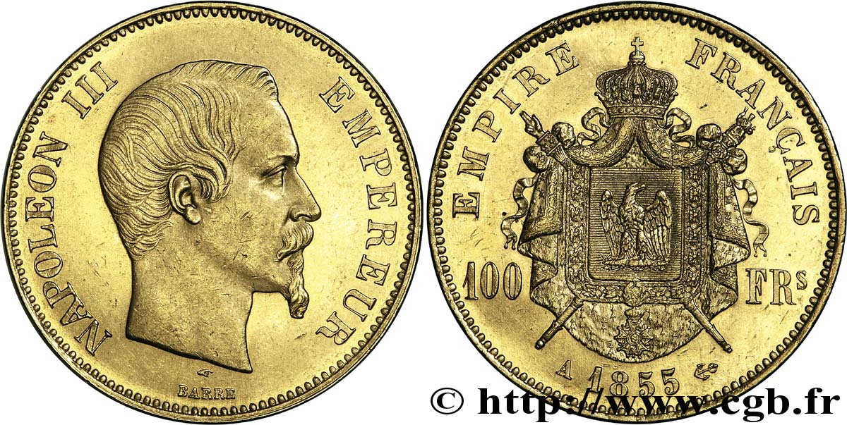 100 francs or Napoléon III, tête nue 1855 Paris F.550/1 AU 