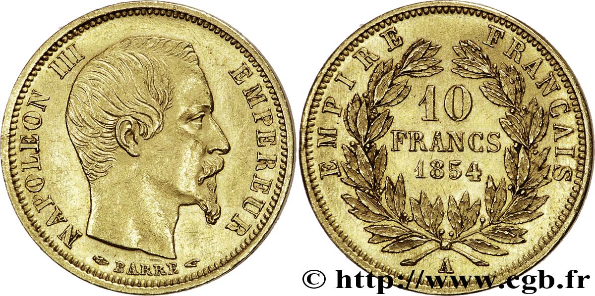 10 francs or Napoléon III tête nue, petit module, tranche lisse 1854 Paris F.505/1 AU 