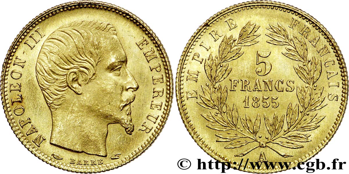 5 francs or Napoléon III tête nue, petit module 1855 Paris F.500A/2 MS 