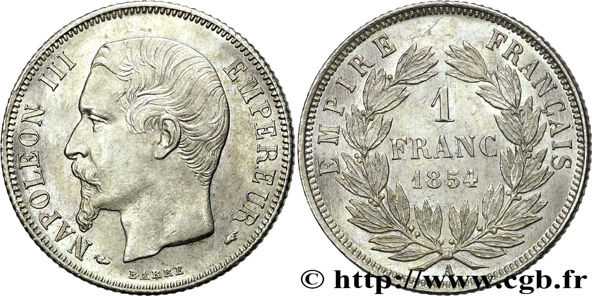 1 franc Napoléon III, tête nue 1854 Paris F.214/2 AU 