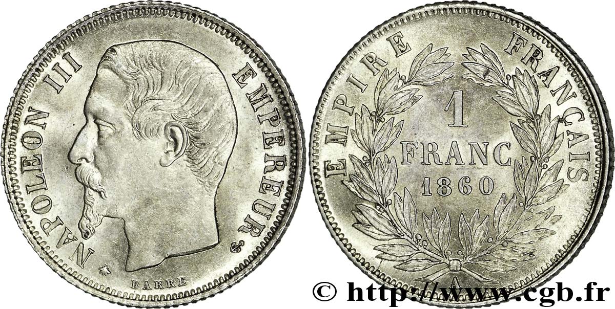 1 franc Napoléon III, tête nue, différent abeille 1860 Paris F.214/15 SPL 