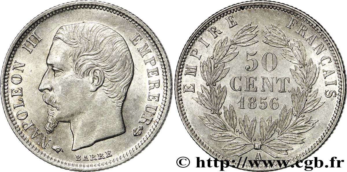 50 centimes Napoléon III, tête nue 1856 Paris F.187/4 SPL 