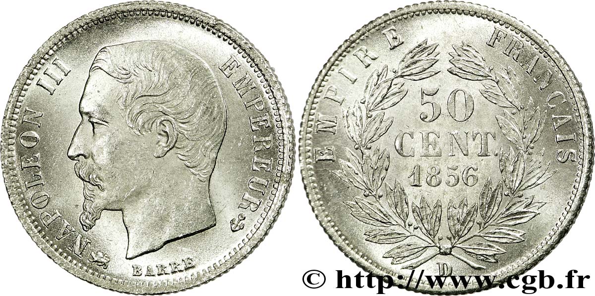 50 centimes Napoléon III, tête nue 1856 Lyon F.187/7 SPL 
