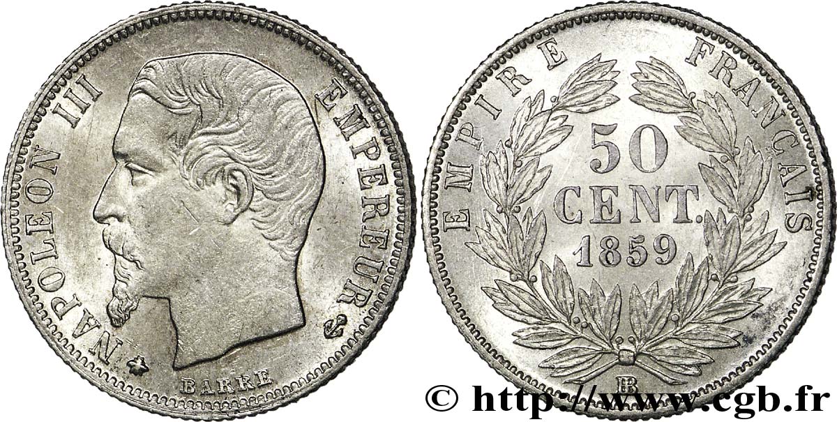 50 centimes Napoléon III, tête nue 1859 Strasbourg F.187/11 SUP 