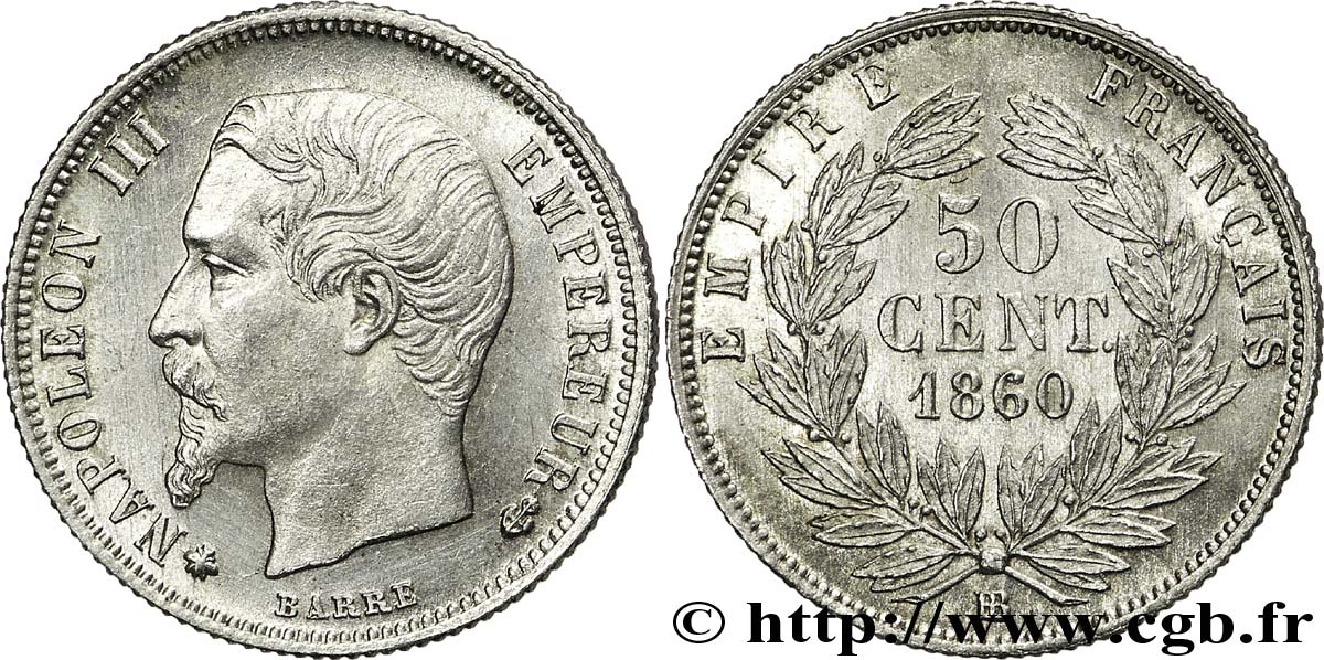 50 centimes Napoléon III, tête nue 1860 Strasbourg F.187/14 EBC 