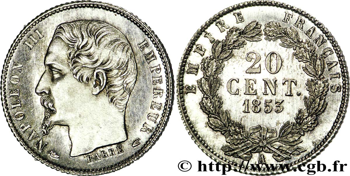 20 centimes Napoléon III, grosse tête 1853 Paris F.147/1 MS 