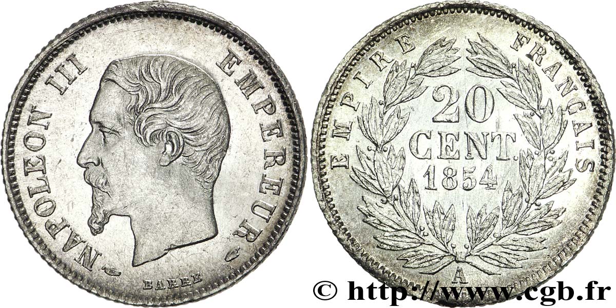 20 centimes Napoléon III, tête nue 1854 Paris F.148/2 AU 