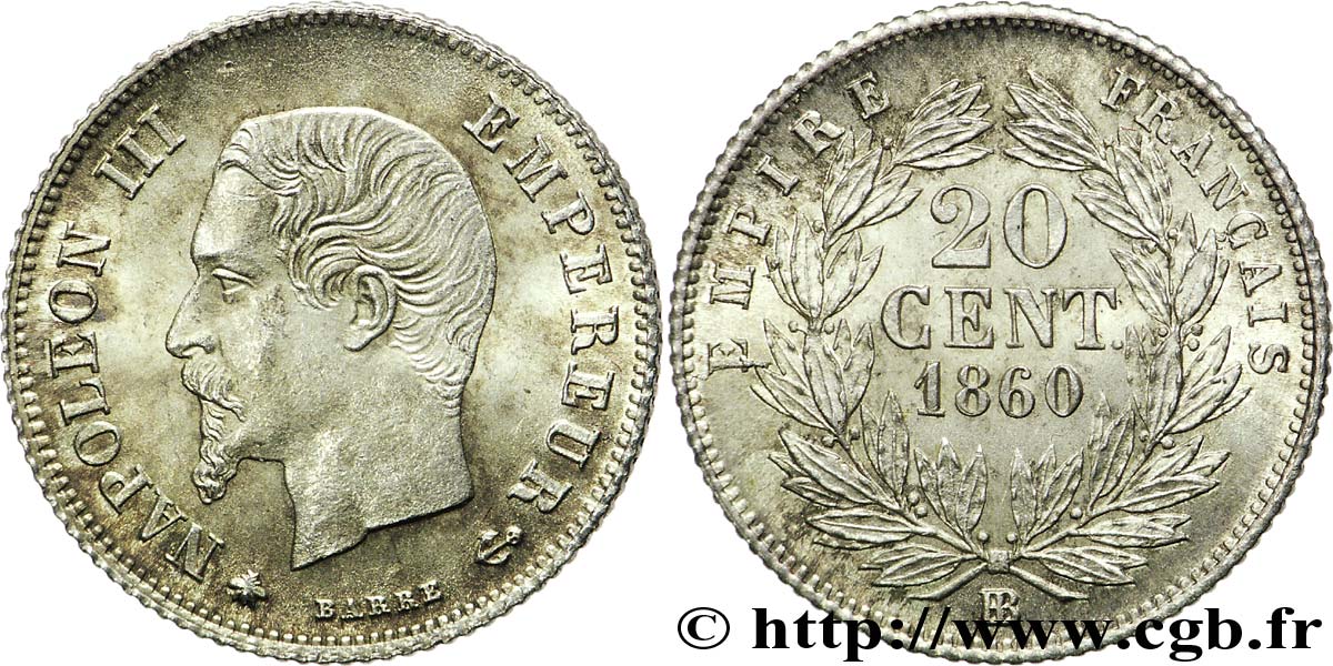 20 centimes Napoléon III, tête nue 1860 Strasbourg F.148/16 SUP 