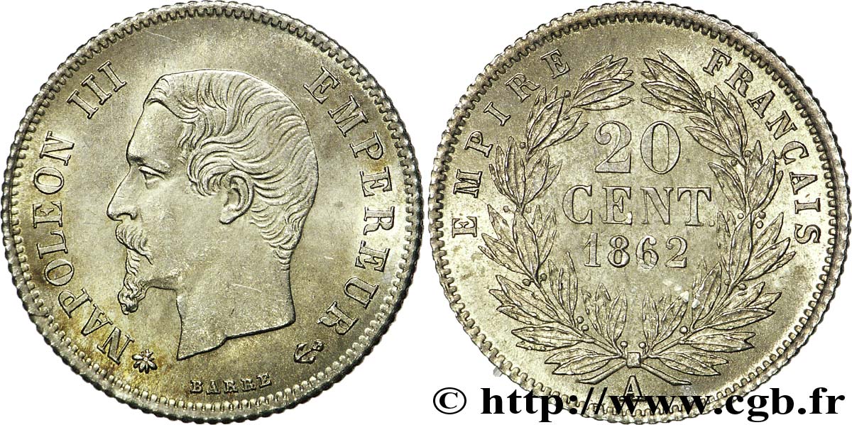 20 centimes Napoléon III, tête nue 1862 Paris F.148/17 SUP 