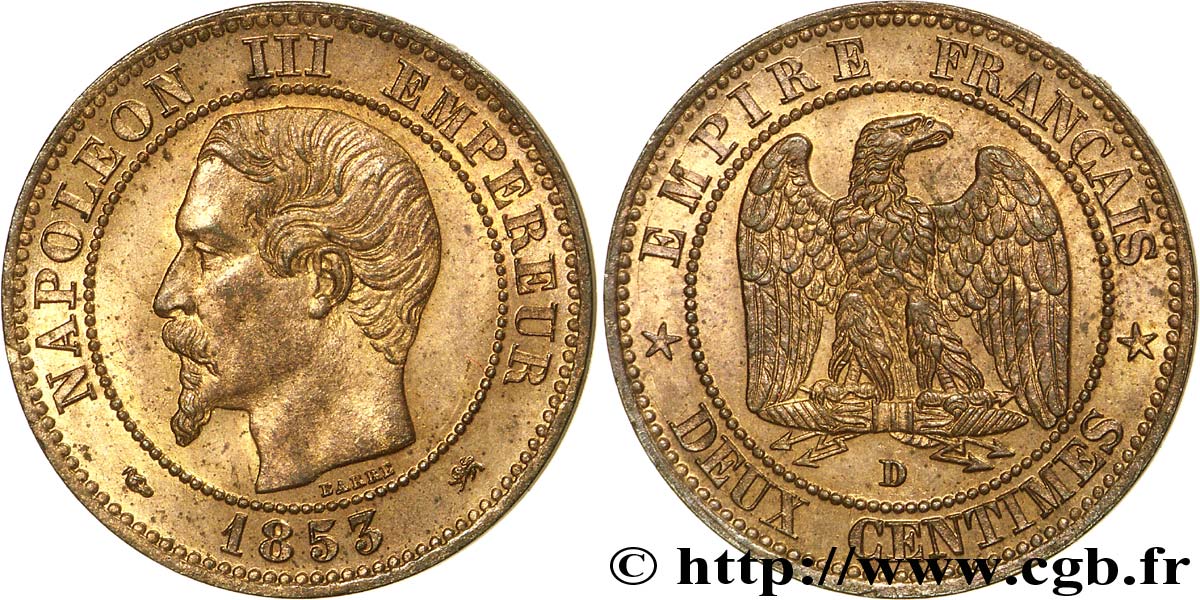 Deux centimes Napoléon III, tête nue, petit D et petit lion 1853 Lyon F.107/5 AU 