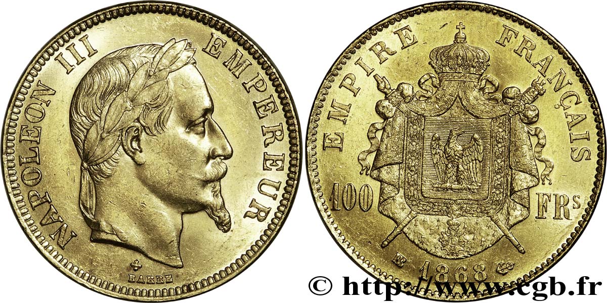 100 francs Napoléon III, tête laurée 1868 Strasbourg F.551/11 SPL 