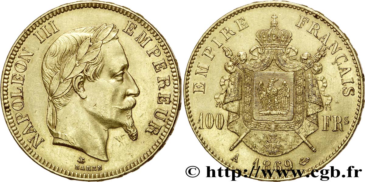 100 francs or Napoléon III, tête laurée 1869 Paris F.551/12 VZ 