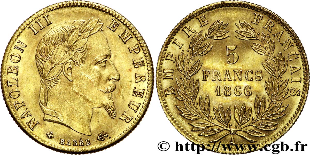 5 francs or Napoléon III, tête laurée 1866 Paris F.502/9 SPL 