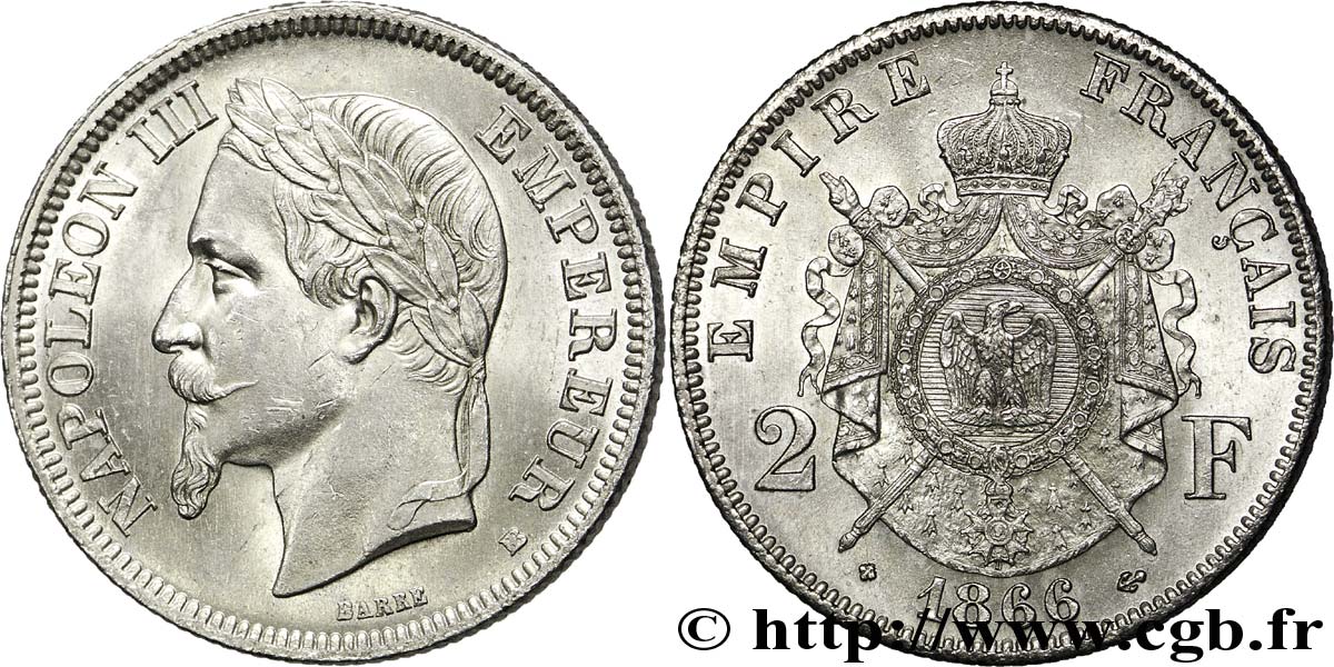 2 francs Napoléon III, tête laurée  1866 Strasbourg F.263/3 SUP 