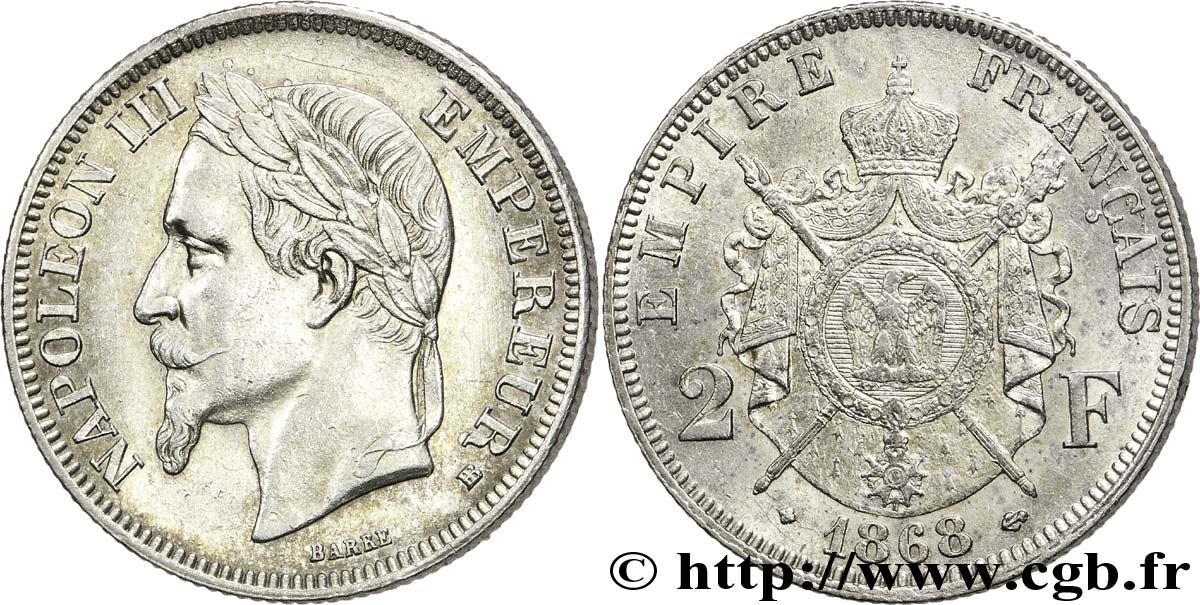 2 francs Napoléon III, tête laurée  1868 Strasbourg F.263/9 EBC 