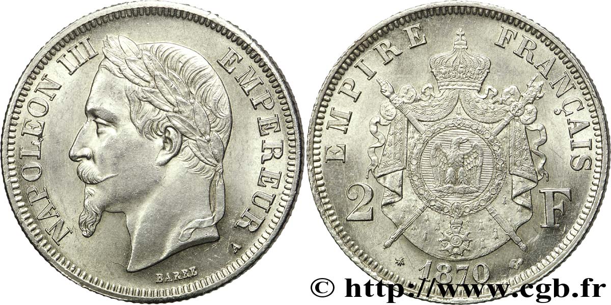 2 francs Napoléon III, tête laurée  1870 Paris F.263/12 EBC 