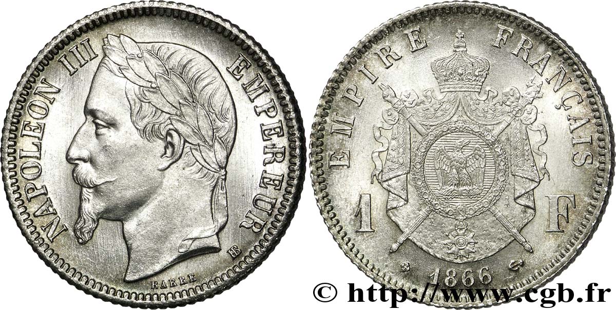 1 franc Napoléon III, tête laurée 1866 Strasbourg F.215/4 SUP 