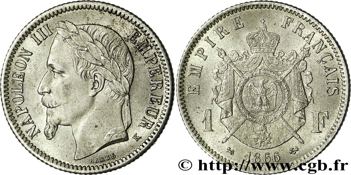 1 franc Napoléon III, tête laurée 1866 Bordeaux F.215/5 VZ 