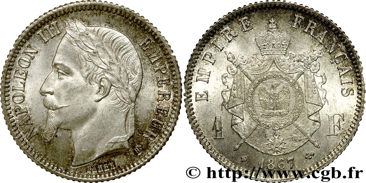 1 franc Napoléon III, tête laurée 1867 Strasbourg F.215/7 AU 