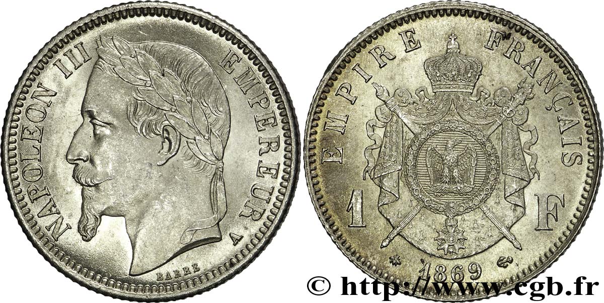 1 franc Napoléon III, tête laurée 1869 Paris F.215/14 EBC 
