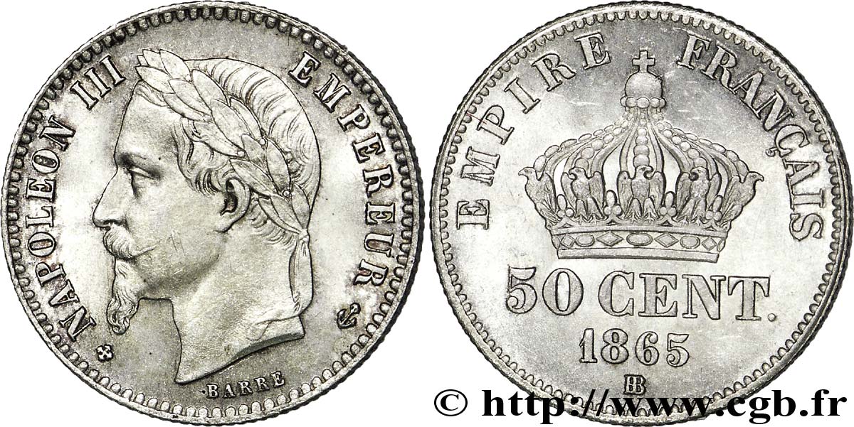50 centimes Napoléon III, tête laurée 1865 Strasbourg F.188/7 EBC 
