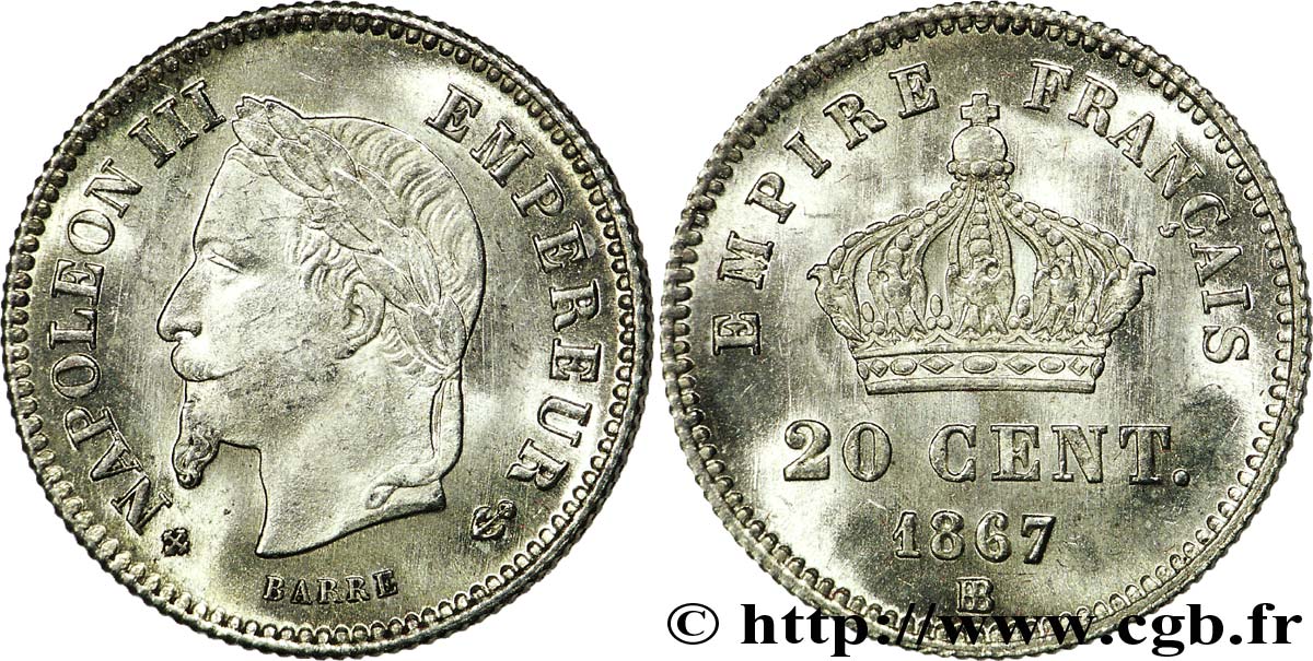 20 centimes Napoléon III, tête laurée, grand module 1867 Strasbourg F.150/2 FDC 
