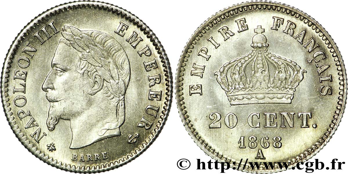 20 centimes Napoléon III, tête laurée, grand module 1868 Paris F.150/4 fST 