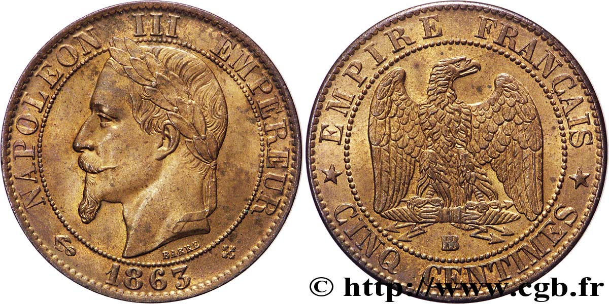 Cinq centimes Napoléon III, tête laurée  1863 Strasbourg F.117/11 MS 