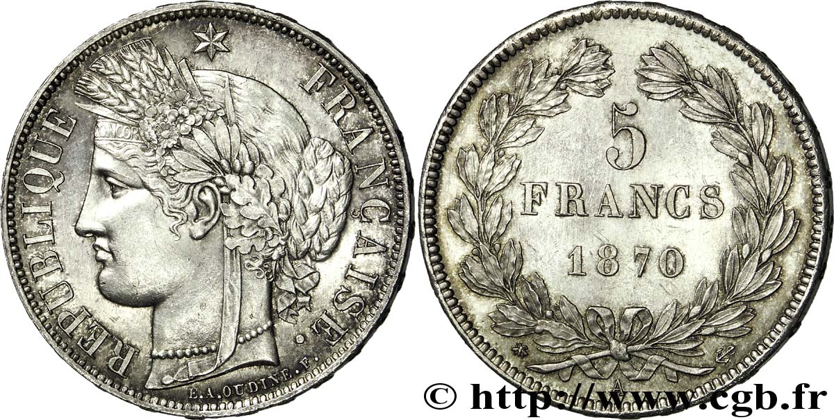 5 francs Cérès, sans légende 1870  Paris F.332/1 EBC 